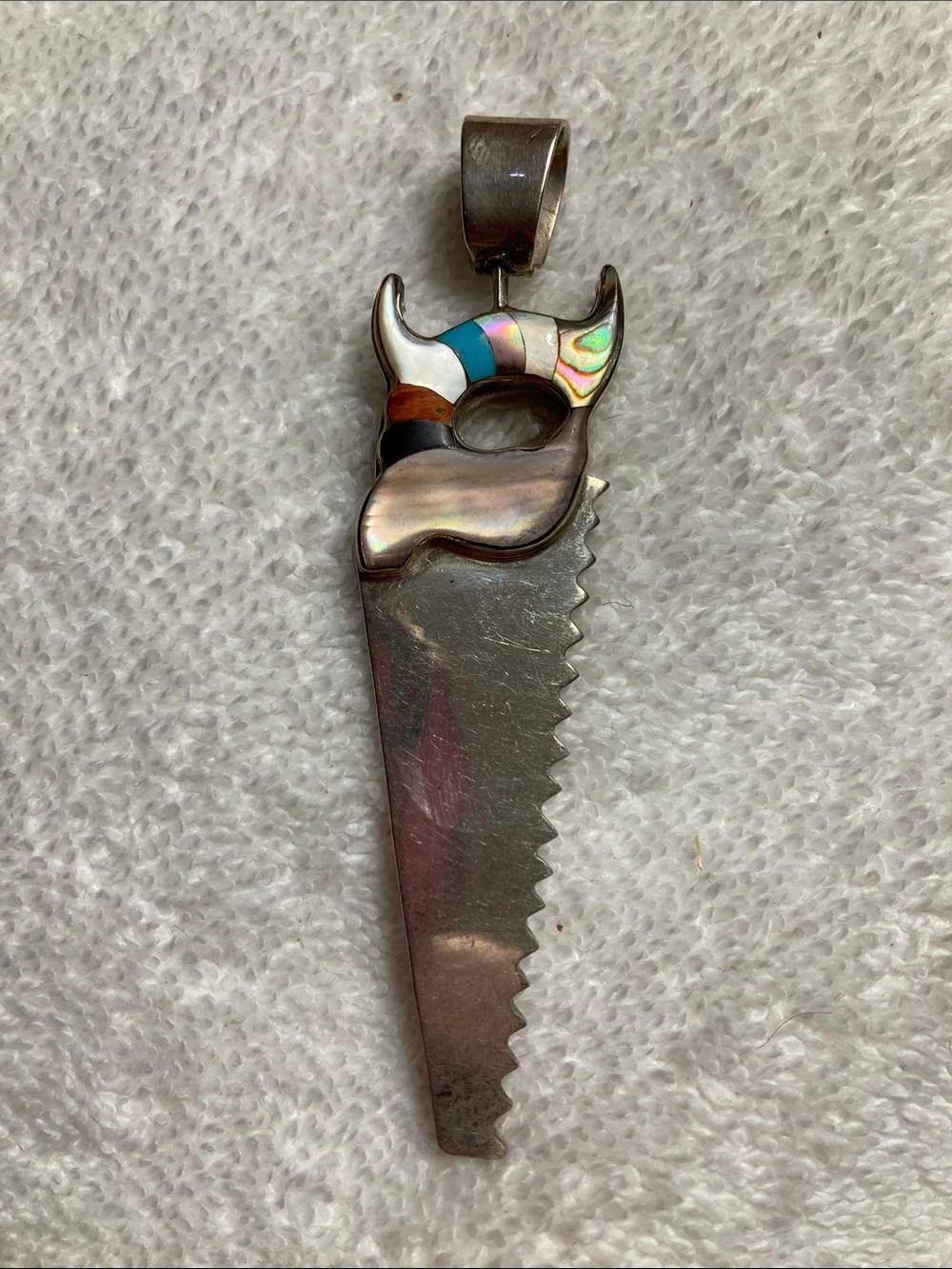 Multi-Color Inlay Saw Pendant Necklace